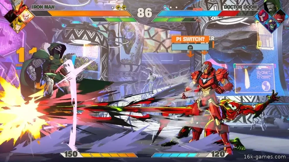 Как играть в Carnage — Marvel Tokon: Fighting Souls Carnage using an assault assist to yank Doctor Doom in for Iron Man in Marvel Tokon: Fighting Souls.