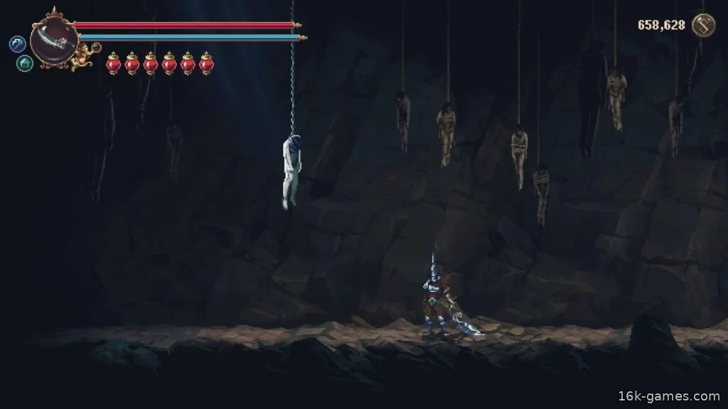 Blasphemous 2: Расположение, материалы и улучшения Эмбрухо Третьего Греха Hanging body in the Embrujo unlock room.