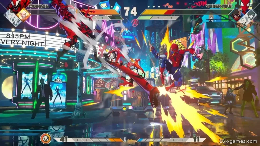 Как играть в Carnage — Marvel Tokon: Fighting Souls Carnage using a downward Parasite Fang on Spider-Man in Marvel Tokon: Fighting Souls