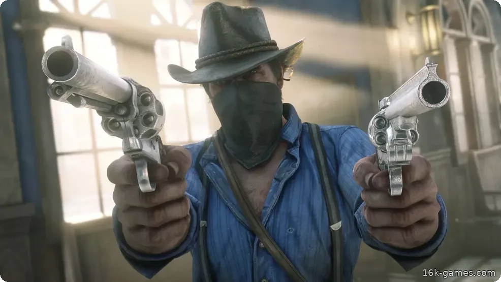 Решения в GTA 6 будут «иметь гораздо более глубокие последствия», чем системы чести в GTA 5 или RDR2 arthur morgan wears a bandana over his mouth, points guns at the camera