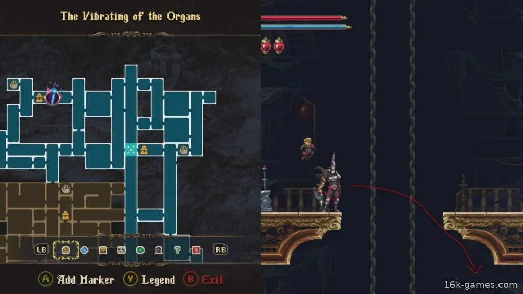 Blasphemous 2: Расположение, материалы и улучшения Эмбрухо Третьего Греха Elevator jump in The Vibrating of the Organs.