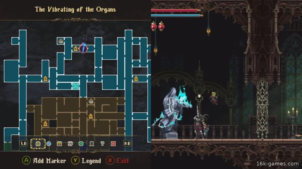 Blasphemous 2: Расположение, материалы и улучшения Эмбрухо Третьего Греха Map location of the Level 2 Embrujo Skill unlocks statue in The Vibrating of the Organs.