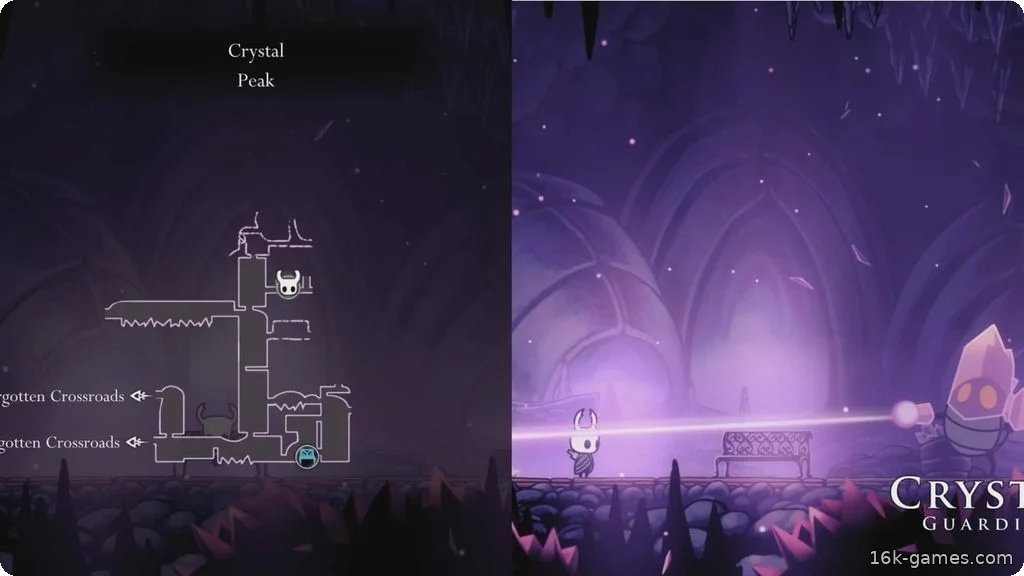 Кристальный пик | Руководство по Hollow Knight Location of the second Bench and first fight with Crystal Guardian.