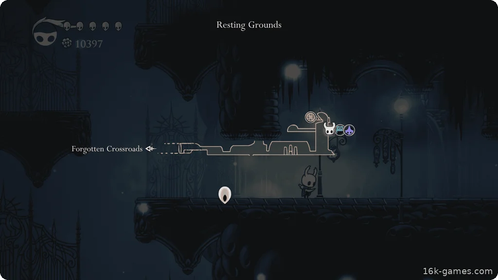 Место отдыха | Руководство по Hollow Knight Map location of the Resting Grounds Map, Bench, and Stag Station.