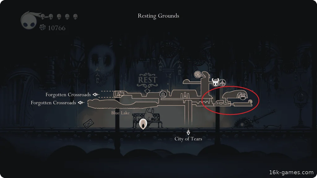Место отдыха | Руководство по Hollow Knight Lower right area of Resting Grounds highlighted on map.